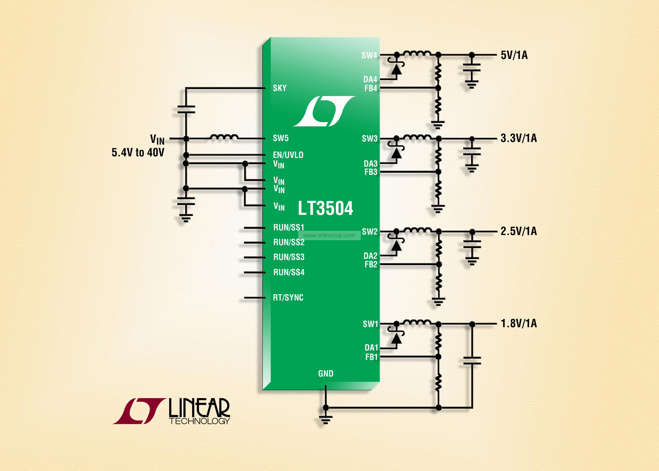 40V、4 通道 1A (IOUT)、2.2MHz 降壓型 DC/DC 轉(zhuǎn)換器