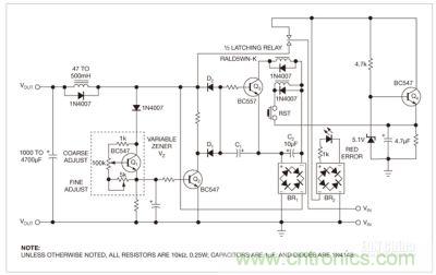 這個保護電路的核心是雙穩鎖存繼電器，防止負載因過壓和錯誤極性而遭損壞