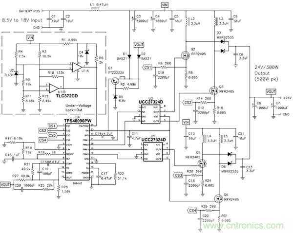 TPS40090 多相降壓控制器的 4 相、300W 升壓電源