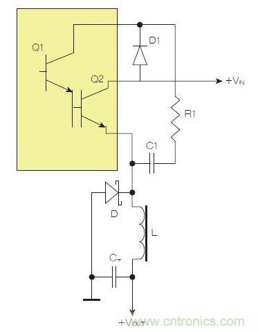 為了實現用兩個元器件提升電源轉換效率，芯片上應有針對驅動器晶體管Q1集電極的單獨引腳。
