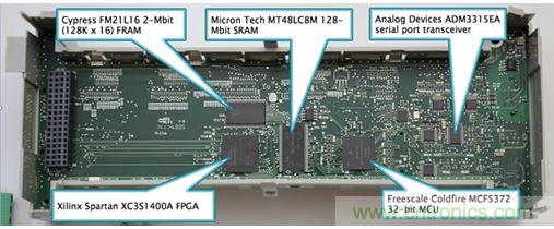 圖8:Micro850上的主處理板由負責系統管理、運行時控制和用戶界面的飛思卡爾(現恩智浦)Coldfire MCF5372 32位MCU、提供通信和電機控制及可能一些專有功能的賽靈思Spartan XC351400A FPGA組成。