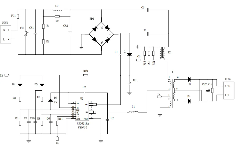 一、LED驅(qū)動模塊RSC6218A REASUNOS(瑞森半導(dǎo)體)通過持續(xù)投入研發(fā)，提升LLC應(yīng)用技術(shù)，集成控制芯片與功率轉(zhuǎn)換，成功推出新一代產(chǎn)品RSC6218A WSOP-16，延續(xù)瑞森LLC拓?fù)浞桨福瑫r機趨勢完全迎合我國雙碳政策，電氣特性契合新版國標(biāo)GB/T 17625.1-2022和歐盟新版ERP認(rèn)證EU2019/2020雙重法規(guī)，專為中小功率的產(chǎn)品提供優(yōu)秀的方案；接下來會分幾個篇章持續(xù)介紹新方案產(chǎn)品的應(yīng)用資料和設(shè)計實例分享：  RSC6218A功率模塊內(nèi)部集成CS-CP-LLC電源半橋模塊和功率轉(zhuǎn)換模塊，延續(xù)瑞森主題設(shè)計方向單級實現(xiàn)高PF無頻閃技術(shù)和LLC諧振軟開關(guān)技術(shù)方案：該型號適用于5-18W功率段；具備高轉(zhuǎn)換效率(90%+)，高PF(>0.96)，低THD(<10%)，小型化(縮小PCB面積10-25%)，通過優(yōu)化產(chǎn)品內(nèi)部設(shè)計提升產(chǎn)品內(nèi)部功率器件的開啟與關(guān)閉性能，避免干擾發(fā)生，最高工作頻率達(dá)200KHZ，實現(xiàn)WSOP-16封裝兼顧散熱與小型化；并且內(nèi)部可自動設(shè)置死區(qū)時間，讓方案可靠易設(shè)計。 產(chǎn)品可廣泛應(yīng)用于： 1.護(hù)眼系列燈具：如教室燈、辦公燈、護(hù)眼臺燈、壁燈、閱覽室燈等； 2.家居類燈具：如客廳燈、臥室燈、兒童房燈、廚房燈、走廊燈等； 3.軌道類燈具：地鐵照明、高鐵照明、隧道照明、車站照明等； 4.商照類燈具：筒燈、射燈、投射燈、 亮化燈、防爆燈等； 方案起到提供高效，穩(wěn)定，長壽命的作用。 二、產(chǎn)品功能框架  三、IC各PIN腳功能說明  PIN1 PGND 功率地，內(nèi)部是連接低邊MOS的S端地線； PIN2  NC  PIN3  HS 半橋MOS低邊漏極PIN； PIN4  HS 半橋MOS低邊漏極PIN； PIN5  HS 半橋MOS高邊源極PIN； PIN6  HS 半橋MOS高邊源極PIN； PIN7  NC  PIN8  HO 半橋MO高邊漏極； PIN9  HO 半橋MOS高邊漏極； PIN10 HB 半橋驅(qū)動高邊電源，通過外置的一個二極管與電容組成自舉回路，為高邊 MOS 的開啟提供電平； PIN11 VIN 高壓啟動的輸入腳，最高耐壓可達(dá)DC600V，啟動電流在1.7mA，一般應(yīng)用是從高壓電解處串接一個1206100K電阻引到PIN1，在整個環(huán)路還未建立起來時，是靠這個引腳的供電通過內(nèi)部連接到PIN6VCC，然后把VCC電容慢慢充電到芯片的啟動電壓后，芯片開始工作。整個環(huán)路建立起來后，VIN腳內(nèi)部關(guān)斷，VCC 通過外部變壓器輔助繞組供電維持正常工作； PIN12  VCC 信號電源引腳， 工作電壓范圍 8-20V，工作電流在 0.8mA，靜態(tài)工作電流是 720uA； PIN13  NC DT懸空腳； PIN14 FB  電壓反饋輸入，VFB中心值是1.2V，該引腳的功能主要是限定空載電壓的最大幅度，該芯片空載保護(hù)屬于打嗝模式，可以有效降低空載損耗，能效要求輕松符合小于0.5W的要求； PIN15  CS 電流采樣正弦波信號輸入該PIN腳是通過線路中的互感電感采樣得到全波的正弦波信號， 通過電阻轉(zhuǎn)換為電壓信號后，輸入到CS PIN腳， 內(nèi)部連接到壓控振蕩器，根據(jù)輸入進(jìn)來的電壓幅值大小，以及正弦波的頻率，壓控振蕩器輸出對應(yīng)的方波來控制LG與HG端的MOS開關(guān)頻率，實現(xiàn)恒流調(diào)節(jié)控制； PIN16  AGND 信號地參考電平，主要連接 VCC，F(xiàn)B 對應(yīng) PIN 腳的元件地線。 四、關(guān)鍵PIN腳參數(shù)設(shè)定范圍  五、典型應(yīng)用原理圖  關(guān)注瑞森半導(dǎo)體公眾號，接下來持續(xù)分享具體案例的設(shè)計參考文檔，攜手各伙伴們實現(xiàn)新版國標(biāo)GB/T17625.1-2022的順利達(dá)標(biāo)，為工程師縮短開發(fā)周期，讓工廠端得到滿意的產(chǎn)品，給客戶一個滿意的答卷，得到需要的利潤空間。